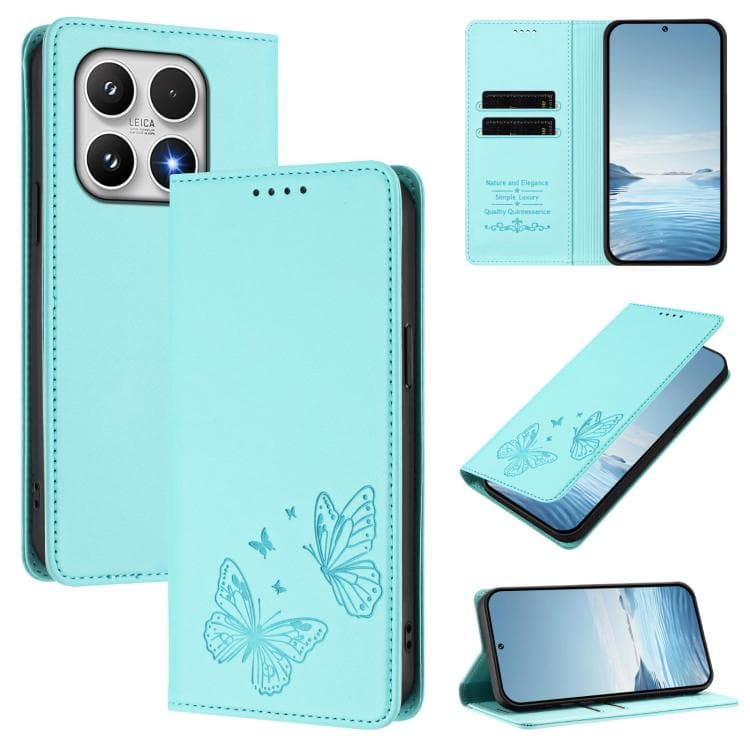 For Xiaomi 17 Strong Magnetic Dual Butterfly RFID Vegan Leather Phone Case(Mint Green) - Immagine 1