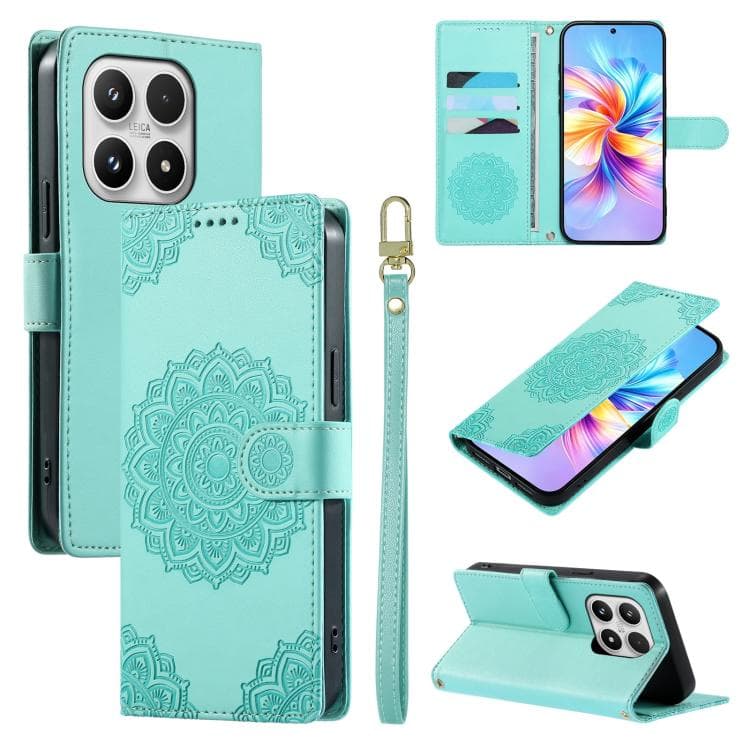 For Xiaomi 17 Totem Embossed Magnetic Closure Vegan Leather Phone Case with Strap(Light Green) - Immagine 1