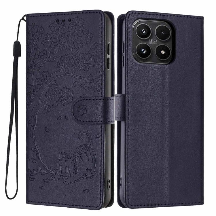 For Xiaomi 17 Tree Cat Embossed Flip Vegan Leather Phone Case(Dark Blue) - Immagine 1