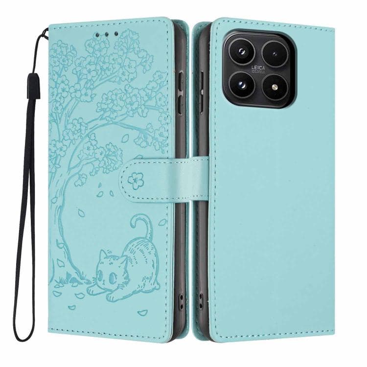 For Xiaomi 17 Tree Cat Embossed Flip Vegan Leather Phone Case(Light Green) - Immagine 1