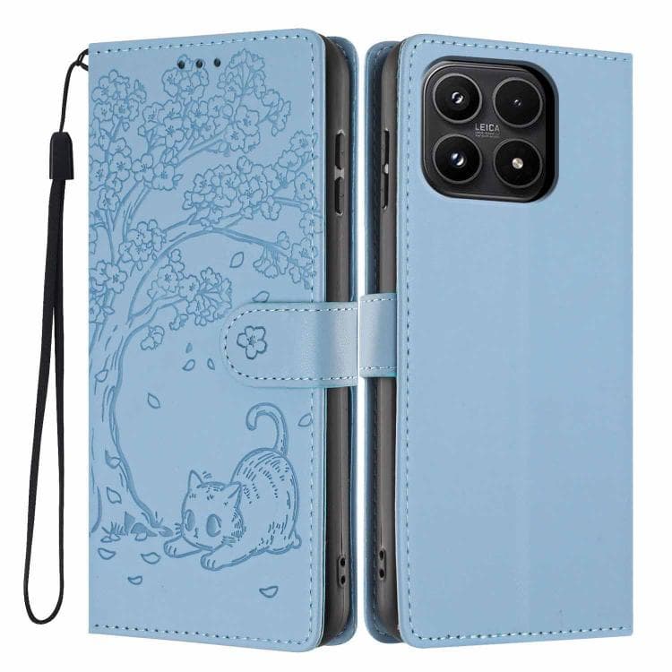 For Xiaomi 17 Tree Cat Embossed Flip Vegan Leather Phone Case(Sky Blue) - Immagine 1