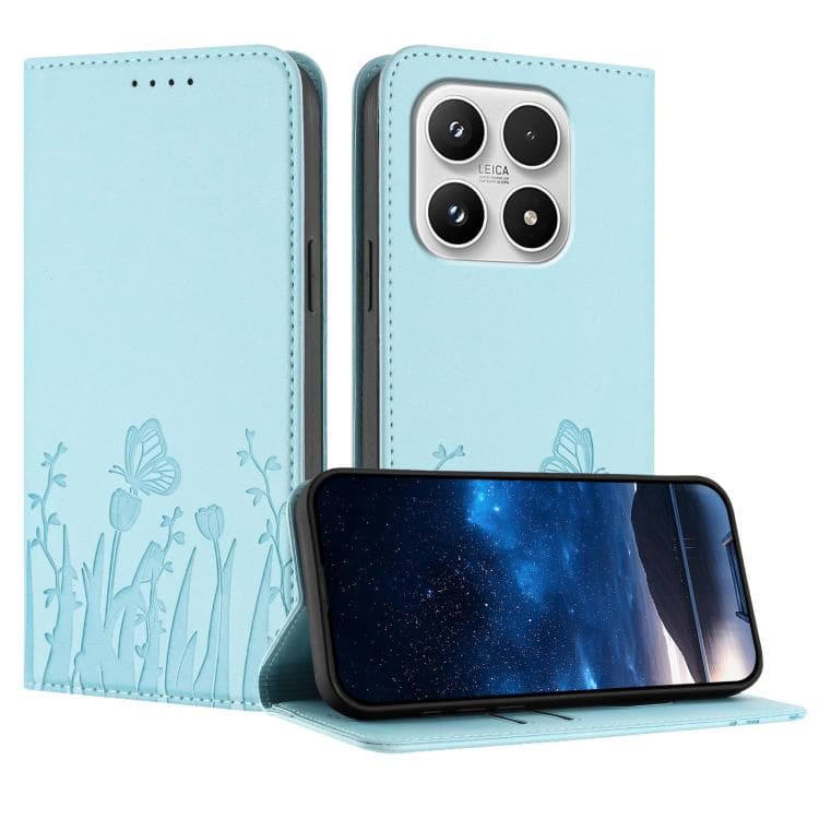 For Xiaomi 17 Tulips Butterfly Pattern Magnetic Vegan Leather Phone Case(Light Blue) - Immagine 1