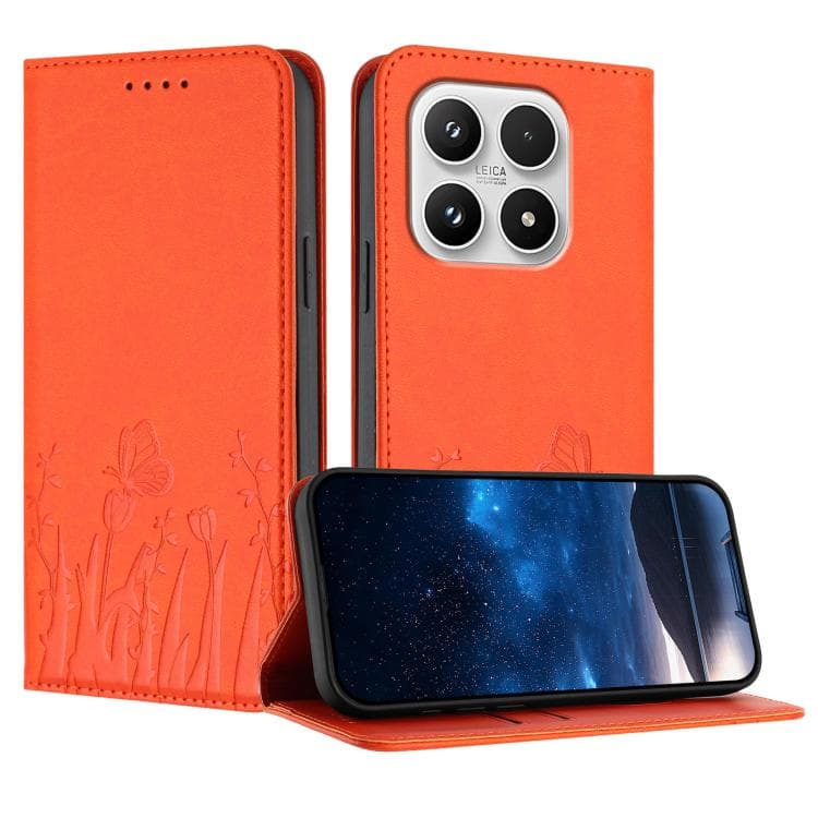 For Xiaomi 17 Tulips Butterfly Pattern Magnetic Vegan Leather Phone Case(Orange) - Immagine 1