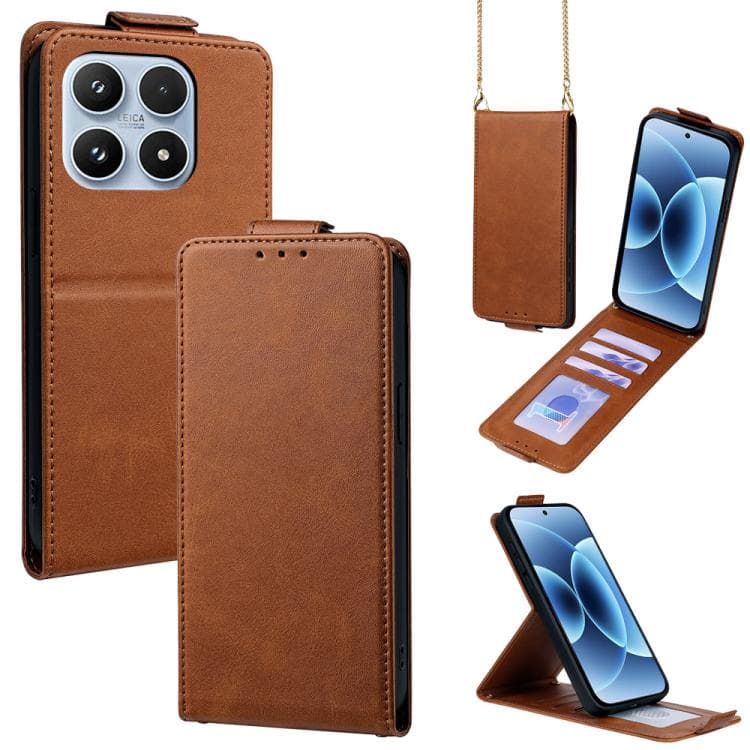 For Xiaomi 17 Vertical Flip Cover Solid Color Vegan Leather Phone Case with Crossbody Chain(Brown) - Immagine 1