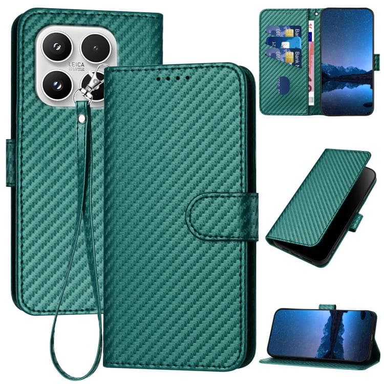 For Xiaomi 17 YX0070 Carbon Fiber Buckle Leather Phone Case with Lanyard(Dark Green) - Immagine 1