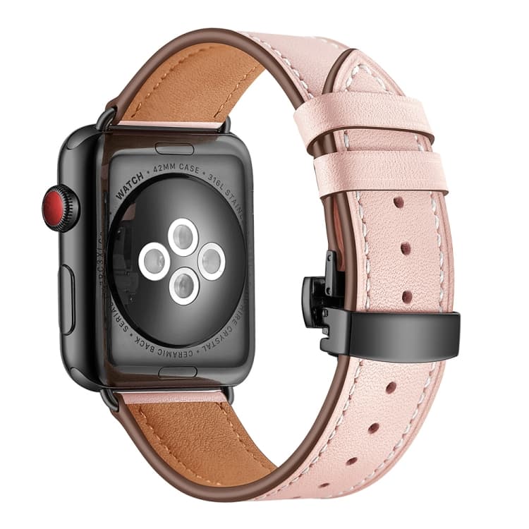 Cinturino in pelle genuina + fibbia a farfalla nera per Apple Watch Serie 7 45mm / 6 & SE & 5 & 4 44mm / 3 & 2 & 1 42mm (Rosa) - Immagine 1