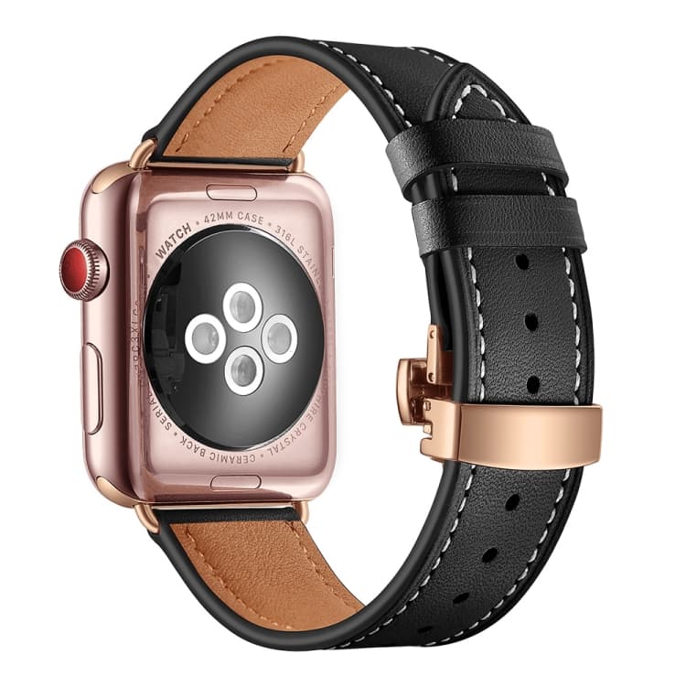 Cinturino in pelle genuina con fibbia a farfalla rosa oro per Apple Watch Serie 7 41mm / 6 & SE & 5 & 4 40mm / 3 & 2 & 1 38mm (Nero) - Immagine 1