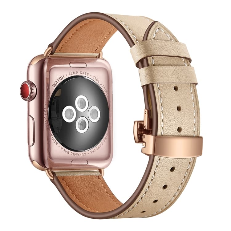 Cinturino in Pelle Genuina + Farfalla Rosa con Fibbia in Oro Rosa per Apple Watch Serie 9&8&7 41mm / SE 3&SE 2&6&SE&5&4 40mm / 3&2&1 38mm (Albicocca) - Immagine 1