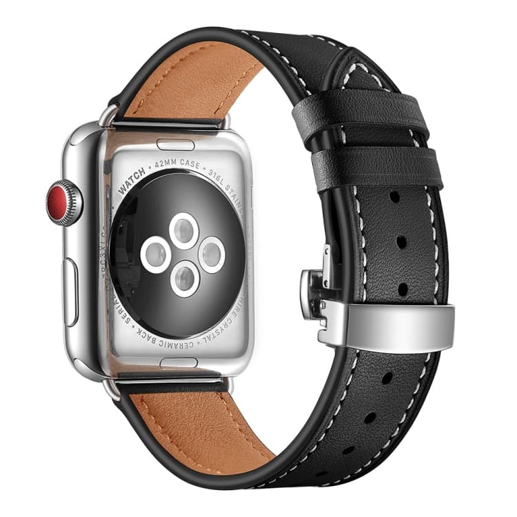 Cinturino in pelle genuina con fibbia a farfalla argentata per Apple Watch Serie 7 45mm / 6 & SE & 5 & 4 44mm / 3 & 2 & 1 42mm (Nero) - Immagine 1