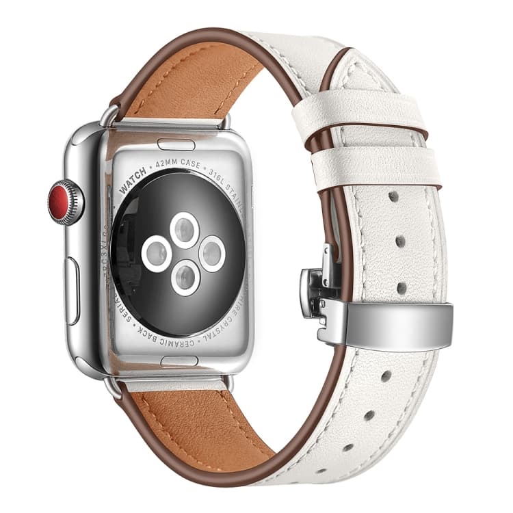 Cinturino in pelle genuina con fibbia a farfalla argentata per Apple Watch Serie 7 45mm / 6 & SE & 5 & 4 44mm / 3 & 2 & 1 42mm (Bianco) - Immagine 1