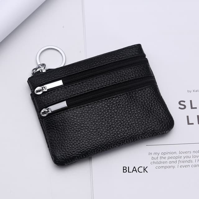 Genuine Leather Women Small Wallet Change Purses Zipper Card Holder Wallets(Black) - Immagine 1