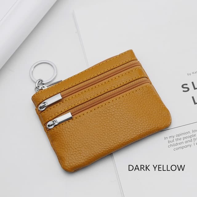 Genuine Leather Women Small Wallet Change Purses Zipper Card Holder Wallets(Dark yellow) - Immagine 1