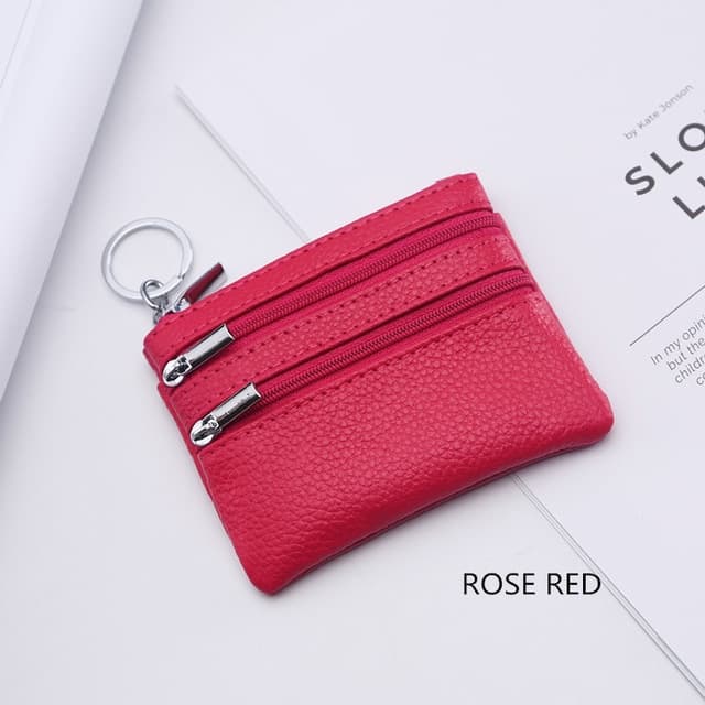 Genuine Leather Women Small Wallet Change Purses Zipper Card Holder Wallets(Rose red) - Immagine 1