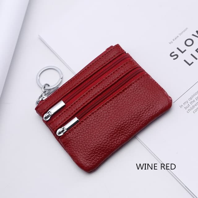 Genuine Leather Women Small Wallet Change Purses Zipper Card Holder Wallets(Wine red) - Immagine 1
