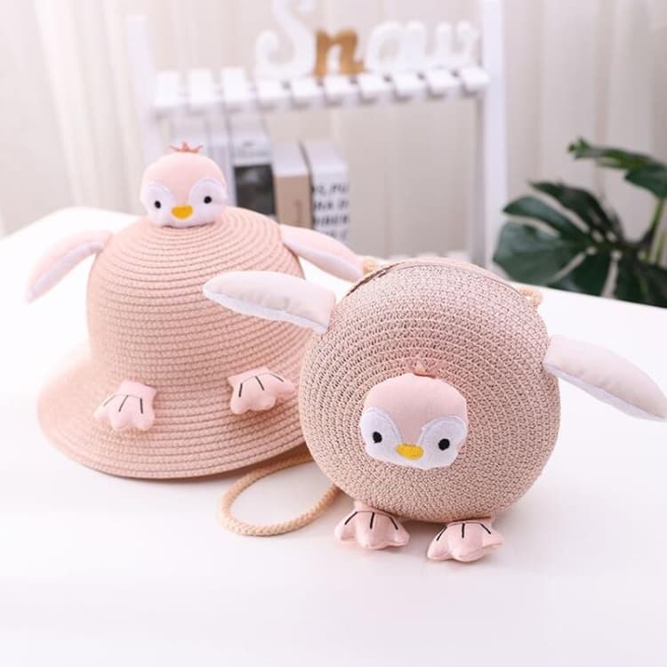 Girls Sunshade Bucket Hat Children Penguin Straw Hat & Bag Set(Pink) - Immagine 1