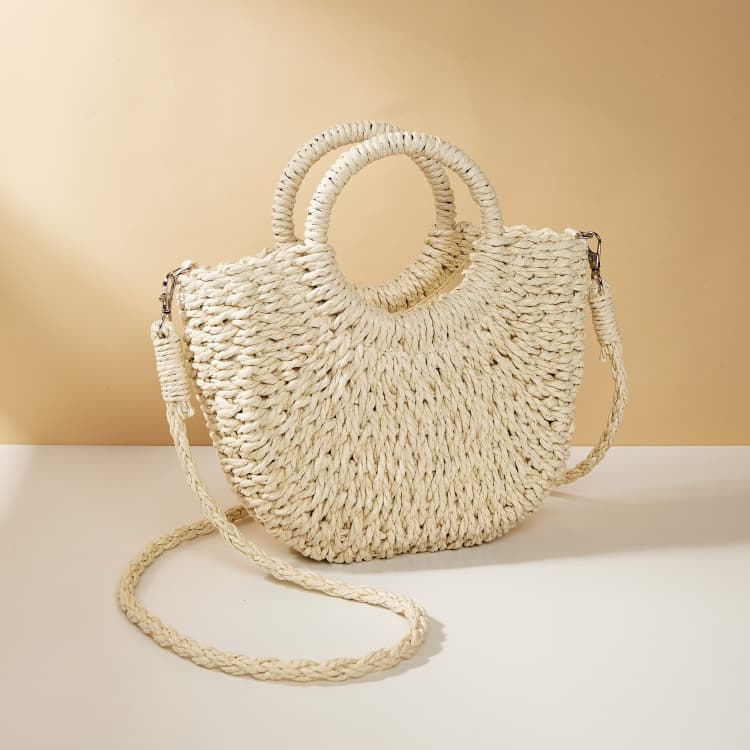 Half-moon Shape Straw Tote Bag Cross-body Woven Beach Single-shoulder Bag, Color: Beige - Immagine 1