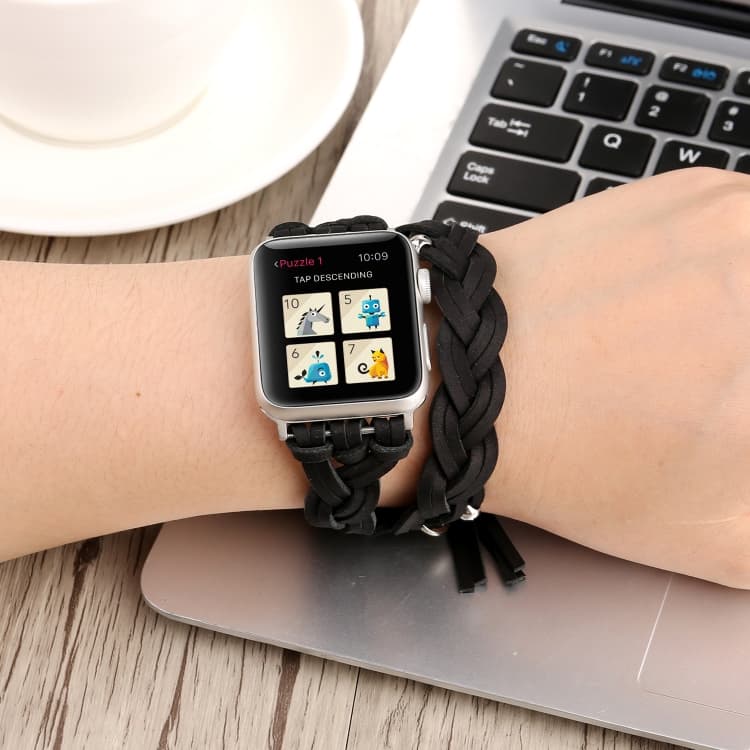 Cinturino per orologio in pelle intrecciata a mano per Apple Watch Series 9&8&7 41mm / SE 3&SE 2&6&SE&5&4 40mm / 3&2&1 38mm (Nero) - Immagine 1