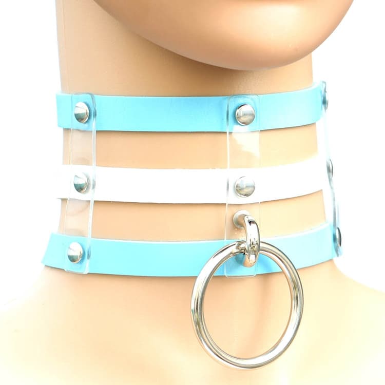 Collana a gabbia in pelle con borchie punk gothic Harajuku a 3 file con collare (azzurro+bianco+azzurro) - Immagine 1