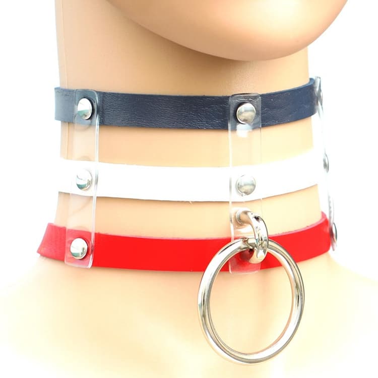 Collana in pelle a gabbia con collare punk gotico Harajuku, 3 file di borchie, mano (blu scuro + bianco + rosso) - Immagine 1
