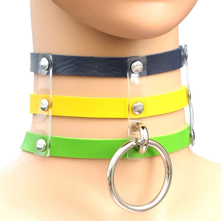 Collana in pelle a gabbia con collare punk gotico Harajuku, 3 file di rivetti, blu scuro+giallo+verde - Immagine 1