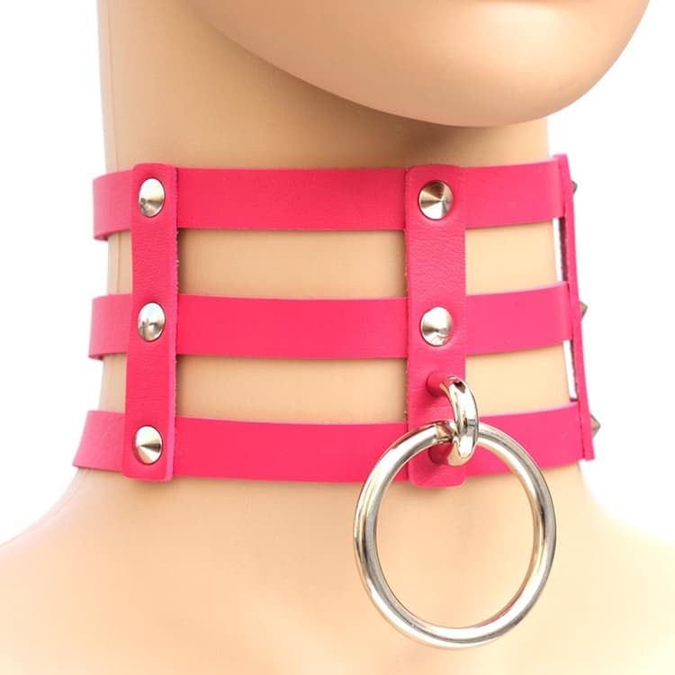 Collana a collare in pelle a gabbia a 3 file con borchie punk gotiche Harajuku (Magenta) - Immagine 1