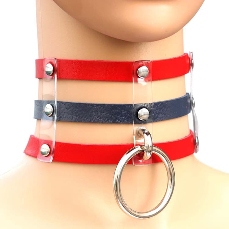 Collana a gabbia in pelle con borchie punk gotiche Harajuku a 3 file con collare (Rosso+Blu scuro+Rosso) - Immagine 1