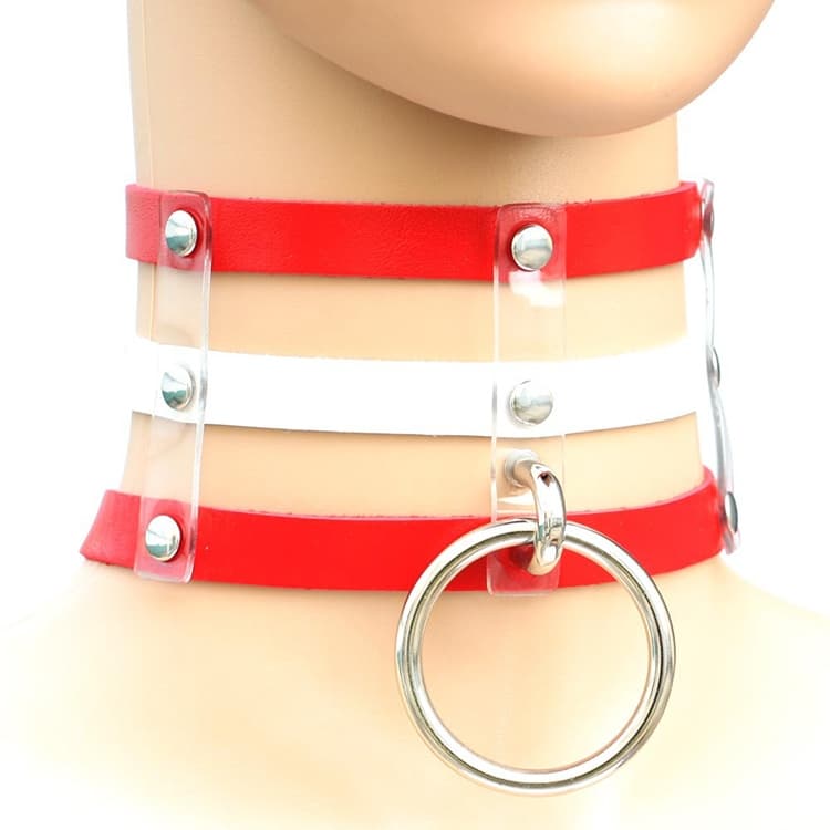 Collana in pelle a gabbia a 3 file con collare punk gotico Harajuku con rivetti (Rosso+Bianco+Rosso) - Immagine 1
