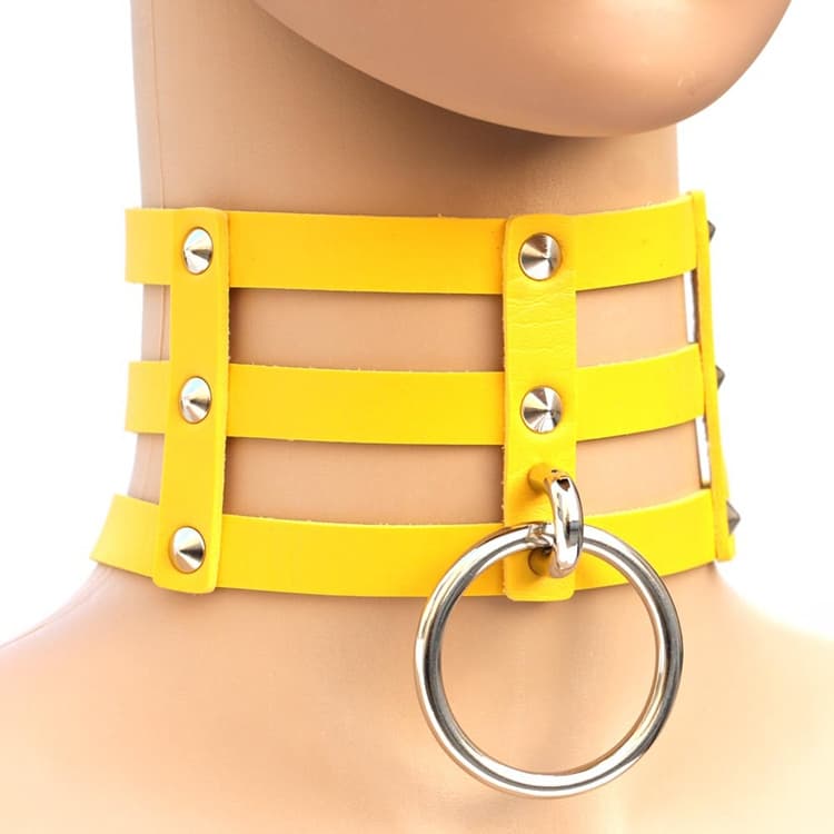 Collana in pelle a gabbia con 3 file e collare punk gotico con rivetti Harajuku (Giallo) - Immagine 1