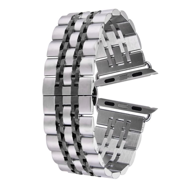 Cinturino per Apple Watch 42mm in acciaio inossidabile con fibbia a farfalla nascosta e 7 perle (Argento+Nero) - Immagine 1