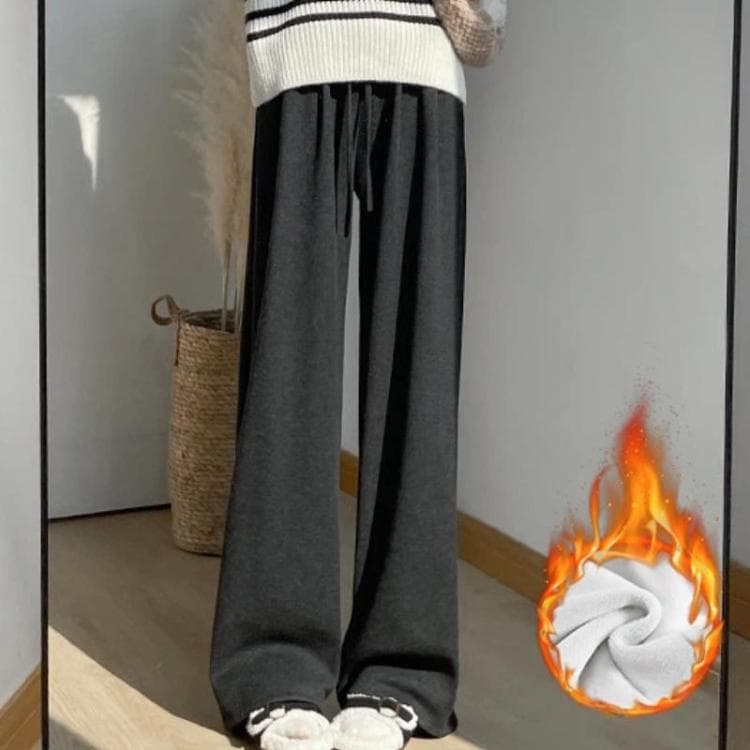 High Waisted Straight-leg Loose Fitting Wide Leg Pants, Color: Fleece-lined Dark Gray Regular(L) - Immagine 1
