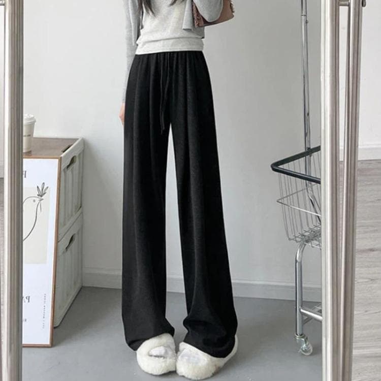 High Waisted Straight-leg Loose Fitting Wide Leg Pants, Color: Pocketless Spring/Autumn Black Regular(M) - Immagine 1