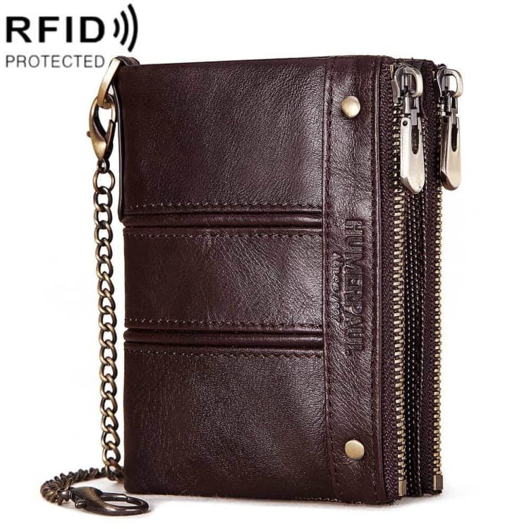 HUMERPAULBP926 RFID Anti-Magnetic Wallet Men Double Zipper Coin Purse(Brown) - Immagine 1