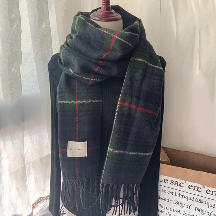 Sciarpa in finto cashmere retrò britannica con frange a quadri, donna autunno e inverno, spessa e calda, scialle a doppio uso, lunghezza (cm): 180 cm (blu tibetano) - Immagine 1