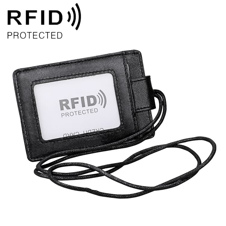 KB153 Antimagnetic RFID Leather Card Holder ID Card Badge with Lanyard(Black) - Immagine 1