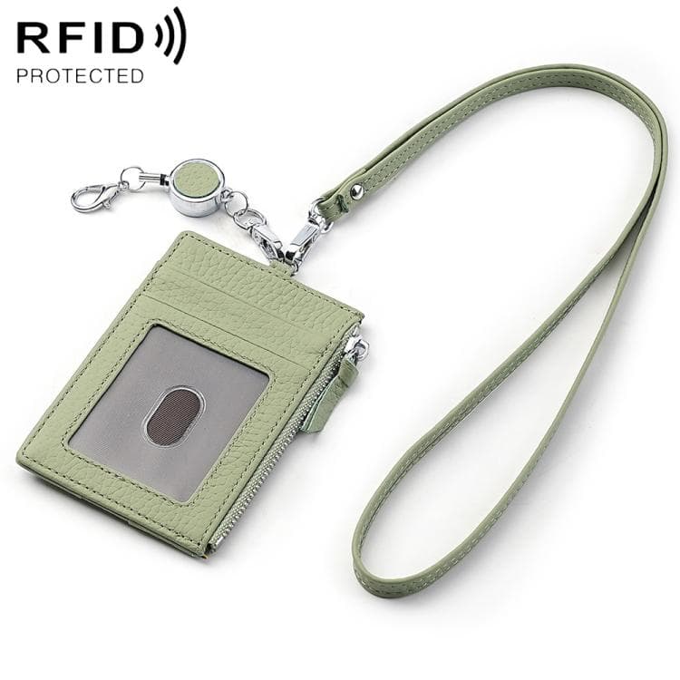 KB175 Easy-pull Buckle Lanyard RFID Document Genuine Leather Card Bag(Light Green) - Immagine 1