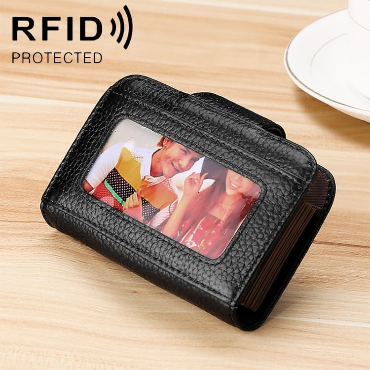 KB188 Horizontal Cowhide Leather Organ Shape Multiple Card Slots Anti-magnetic RFID Wallet for Ladies, with Transparent Window(Black) - Immagine 1