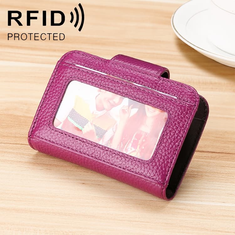 KB188 Horizontal Cowhide Leather Organ Shape Multiple Card Slots Anti-magnetic RFID Wallet for Ladies, with Transparent Window(Purple) - Immagine 1