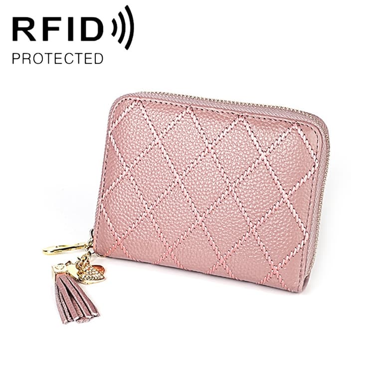KB213 Diamond Texture Zipper Cowhide Leather Double Row Organ Shape Multiple Card Slots Anti-magnetic RFID Wallet Clutch Bag for Ladies (Light Pink) - Immagine 1