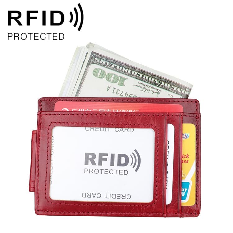 KB80 Antimagnetic RFID Crazy Horse Texture Oil Wax Leather Card Holder Wallet Billfold for Men and Women (Red) - Immagine 1