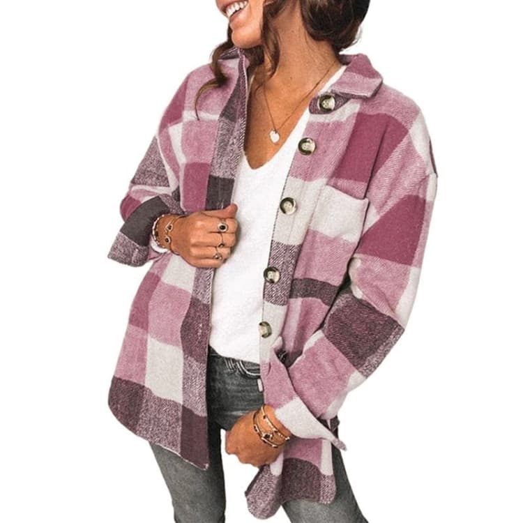 Lapel Long Sleeve Flannel Check Shirt Loose Casual Cardigan Jacket for Ladies - Immagine 1