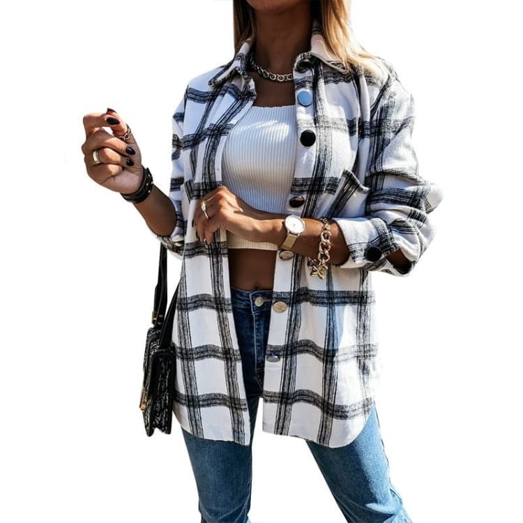 Lapel Long-sleeved Plaid Cardigan Shirt Loose Casual Woolen Coat for Ladies - Immagine 1