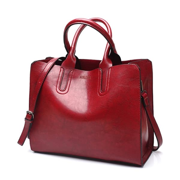 Leather Handbags Big Women Bag Casual Female Bags Trunk Tote Shoulder Bag Ladies Large Bolsos, Color:Burgundy - Immagine 1