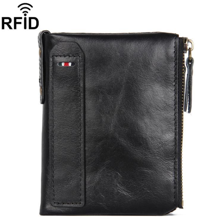 Leather RFID Men Short-Style Wallet Double-Zipper Billfold(Black) - Immagine 1
