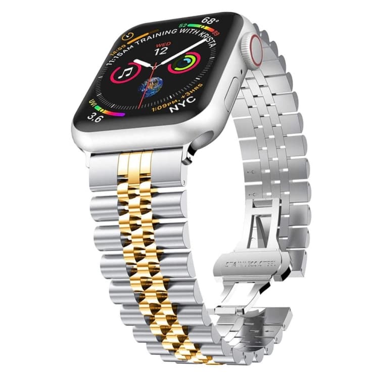 Man Five Beads Stainless Steel Watch Band, Width: 22mm For Apple Watch Series 9&8&7 41mm / SE 3&SE 2&6&SE&5&4 40mm / 3&2&1 38mm(Silver + Gold) - Immagine 1