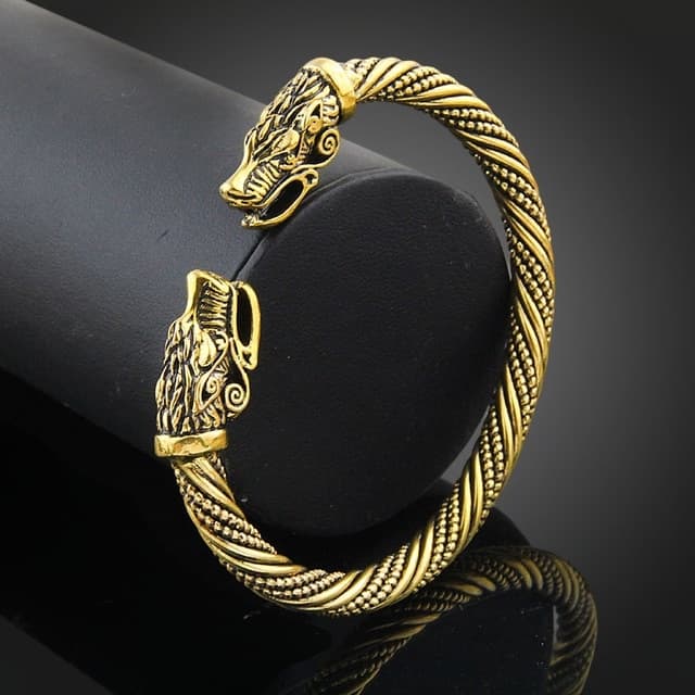Bracciale da uomo con polsino a testa di drago, gioiello vichingo, accessori moda (placcato oro antico) - Immagine 1