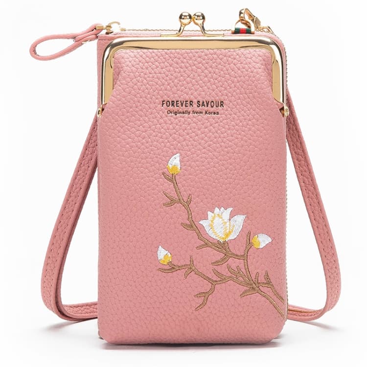 Mini Embroidered Single-shoulder Phone Bag Crossbody Long Ladies Wallet, Color: Dark Pink - Immagine 1