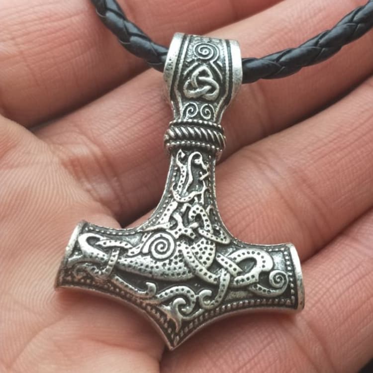 Ciondolo Mjolnir Martello Talismano Protettivo Vichingo Collana (Cordone in Pelle Argento Antico) - Immagine 1