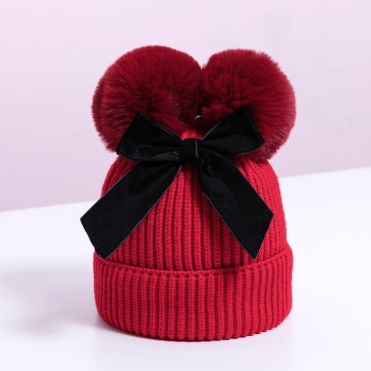 Cappello lavorato a maglia per bambini MZ7153 con doppio pompon di lana e fiocco, caldo in cotone per neonati - Immagine 1