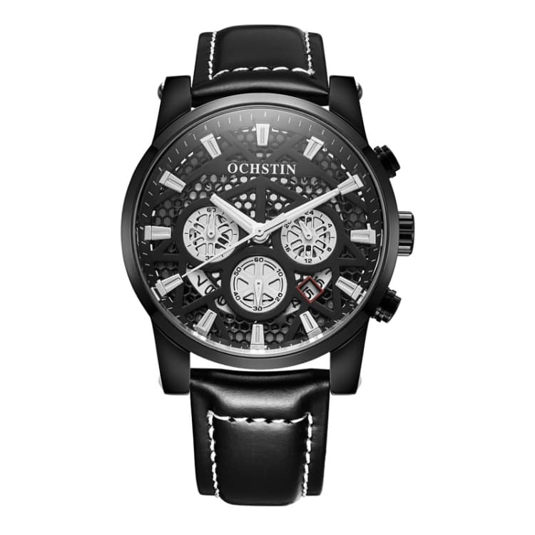 Ochstin 5052B Orologio al quarzo multifunzionale in pelle impermeabile (Nero+Nero) - Immagine 1