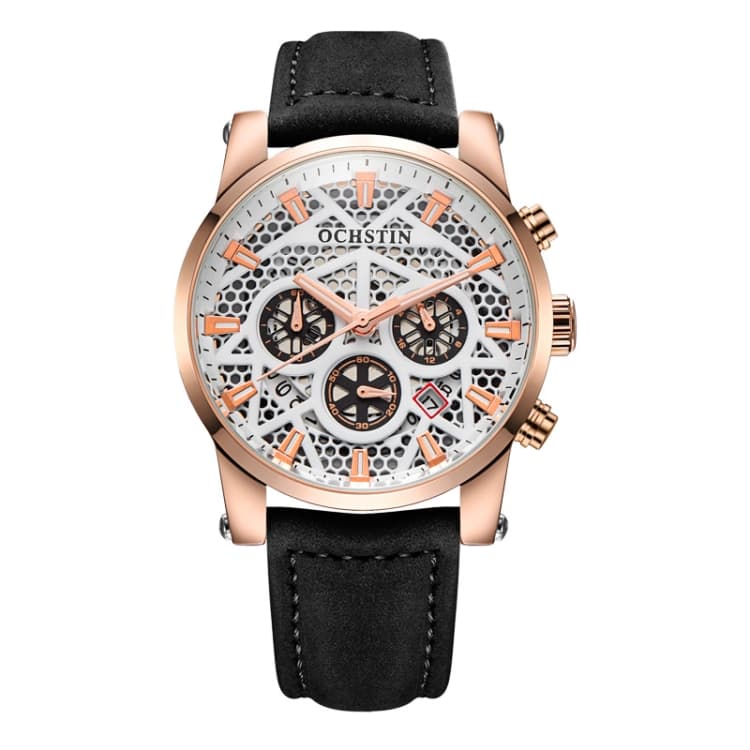 Ochstin 5052B Orologio al quarzo multifunzionale in pelle impermeabile per affari (Rosa oro + Nero) - Immagine 1